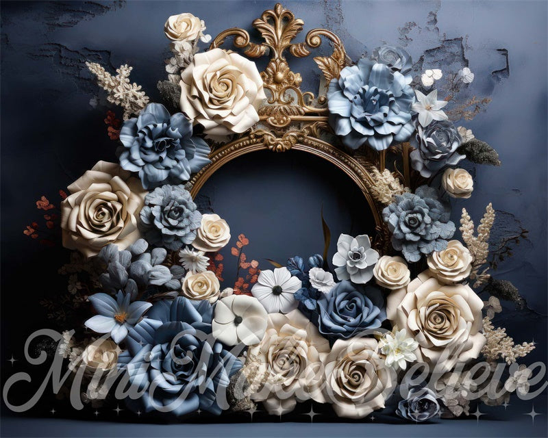 Kate Fine Art Blue Cream Floral Gold Frame Cement Maternity Backdrop Designed by Mini MakeBelieve