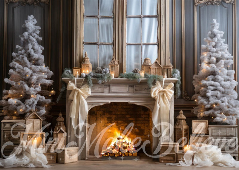 Kate Natural Shabby Chic White Transitional Winter Christmas Fireplace Backdrop Designed by Mini MakeBelieve