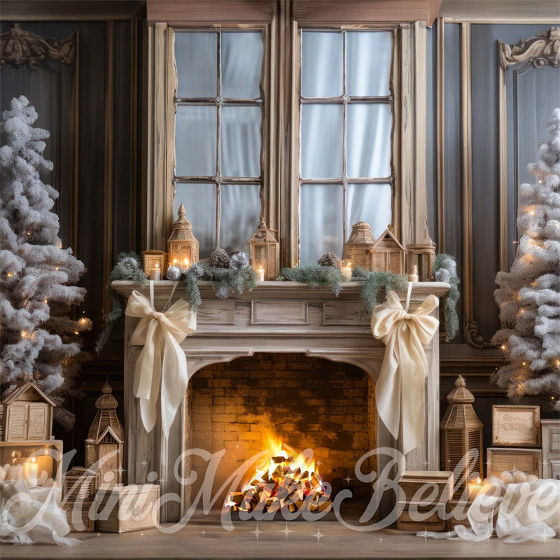 Kate Natural Shabby Chic White Transitional Winter Christmas Fireplace Backdrop Designed by Mini MakeBelieve