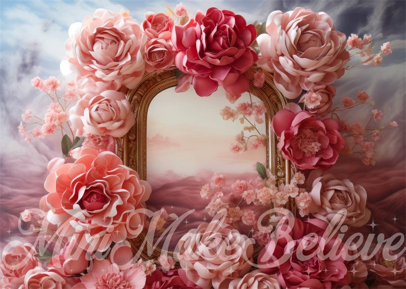 Kate Fine Art Pink Floral Gold Frame Maternity Girl Gender Reveal Backdrop Designed by Mini MakeBelieve