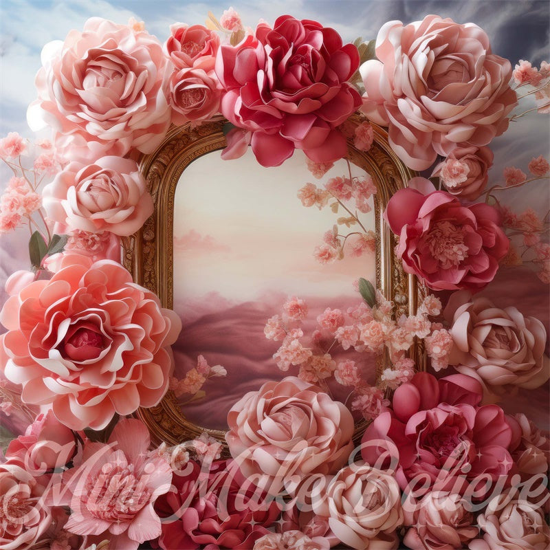 Kate Fine Art Pink Floral Gold Frame Maternity Girl Gender Reveal Backdrop Designed by Mini MakeBelieve