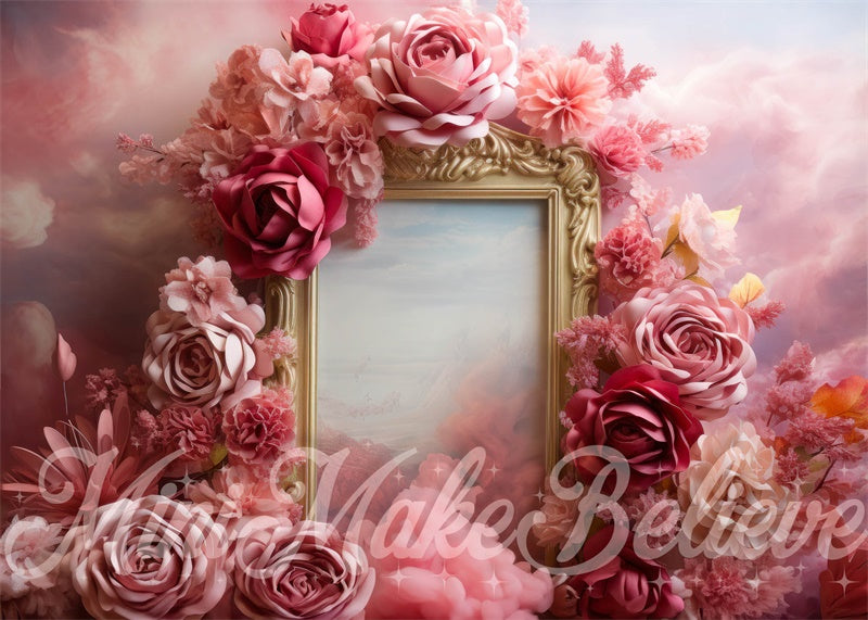 Kate Fine Art Pink Smoke Floral Gold Frame Maternity Girl Birthday Gender Reveal Backdrop Designed by Mini MakeBelieve