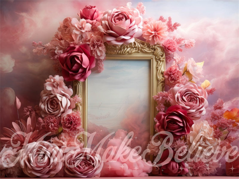 Kate Fine Art Pink Smoke Floral Gold Frame Maternity Girl Birthday Gender Reveal Backdrop Designed by Mini MakeBelieve