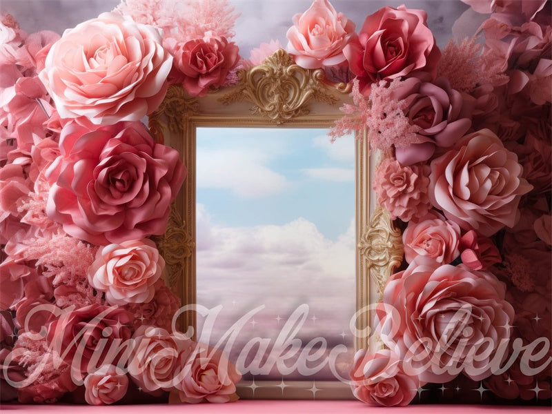 Kate Pink Floral Clouds Gold Frame Maternity Girl Birthday Gender Reveal Backdrop Designed by Mini MakeBelieve