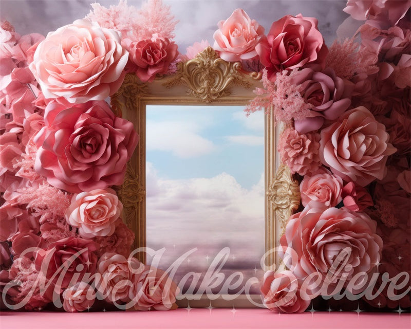 Kate Pink Floral Clouds Gold Frame Maternity Girl Birthday Gender Reveal Backdrop Designed by Mini MakeBelieve