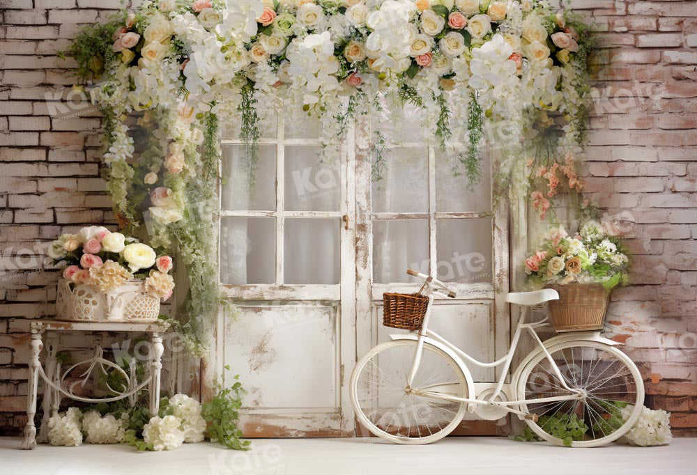 Kate Spring Floral White Old Door Bicycle Backdrop Designed by Emetselch