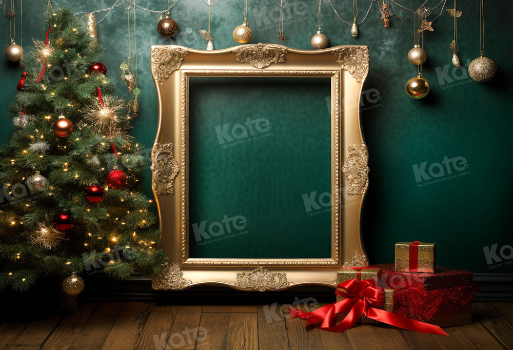 Kate Christmas Green Wall Golden Photo Frame Backdrop Designed by Chain Photography