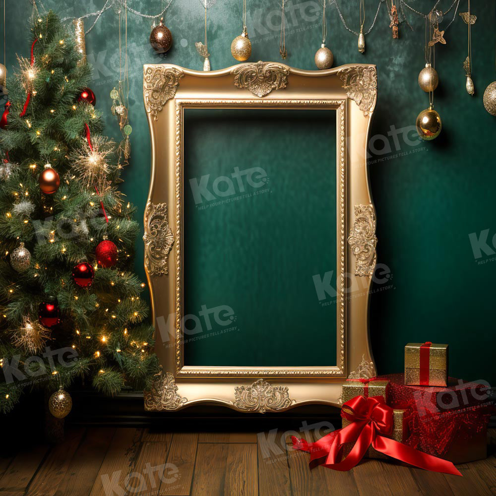 Kate Christmas Green Wall Golden Photo Frame Backdrop Designed by Chain Photography