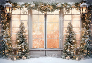 Kate Christmas Outdoor White Window Snow Printed Backdrop Designed by Chain Photography