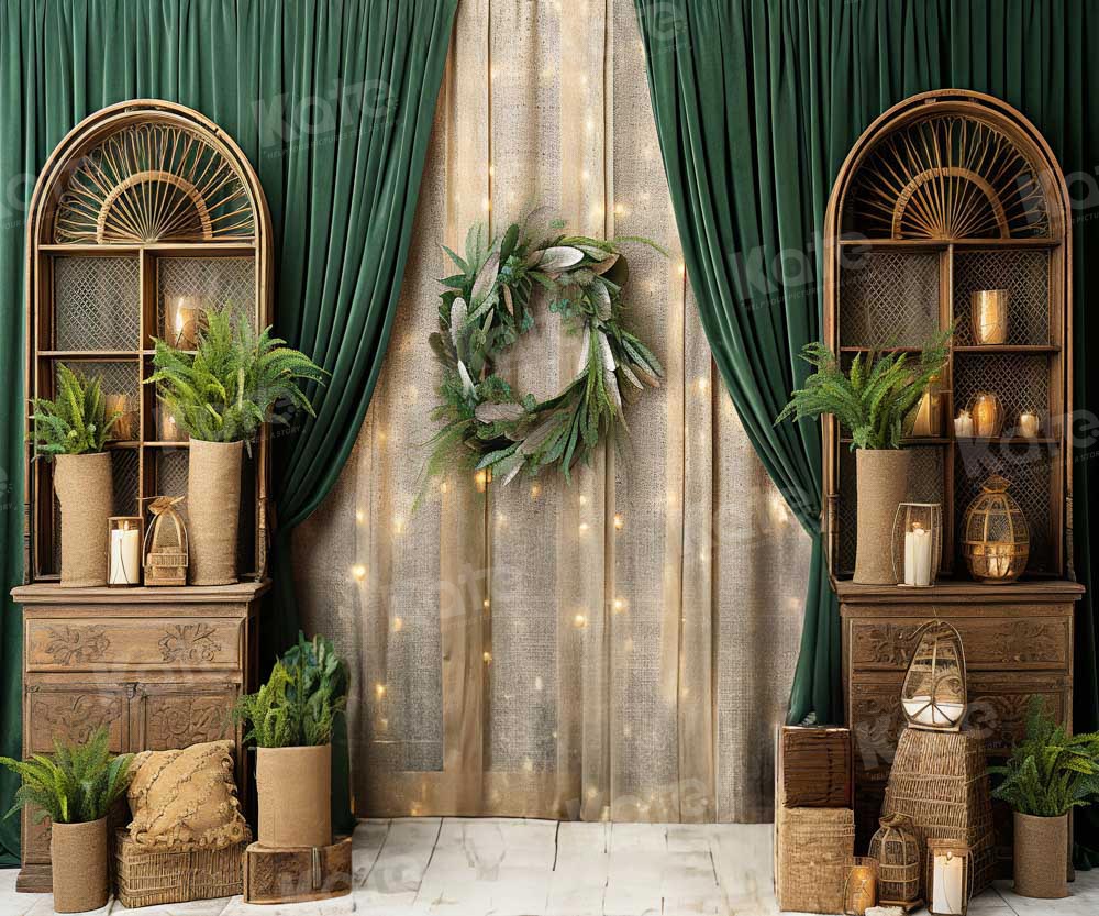 Green Curtain Boho Room Backdrop