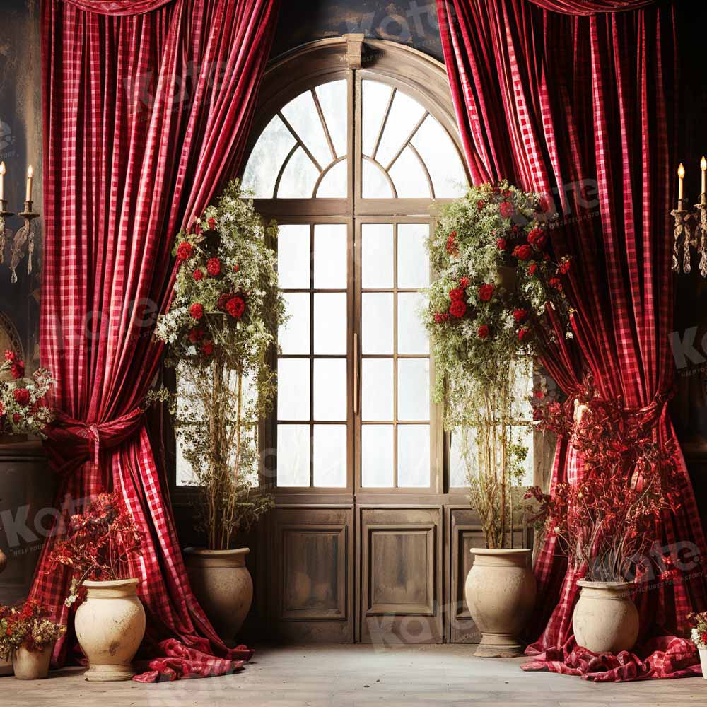 Kate Valentine's Day Red Curtain with Flower Window Backdrop for Photography