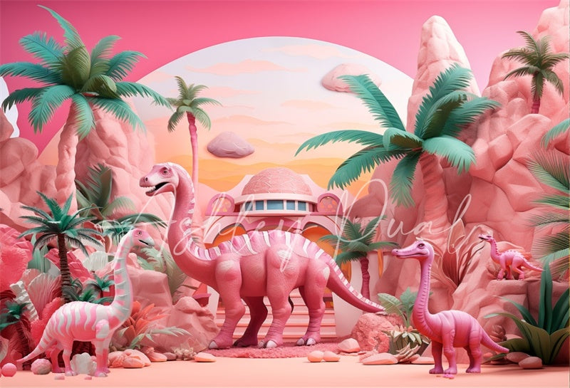 Kate Pink Dinosaur Tropical Backdrop Designed by Ashley Paul