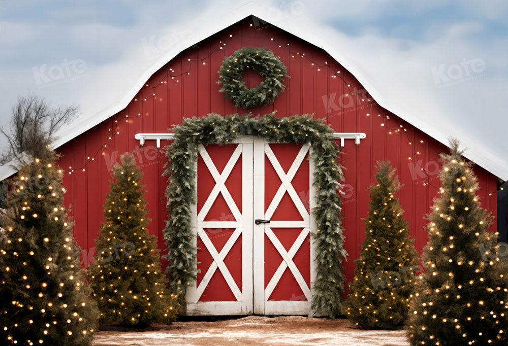 Kate Christmas Tree Red Barn Backdrop for Photography
