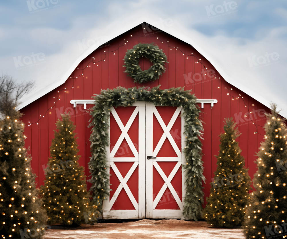 Kate Christmas Tree Red Barn Backdrop for Photography