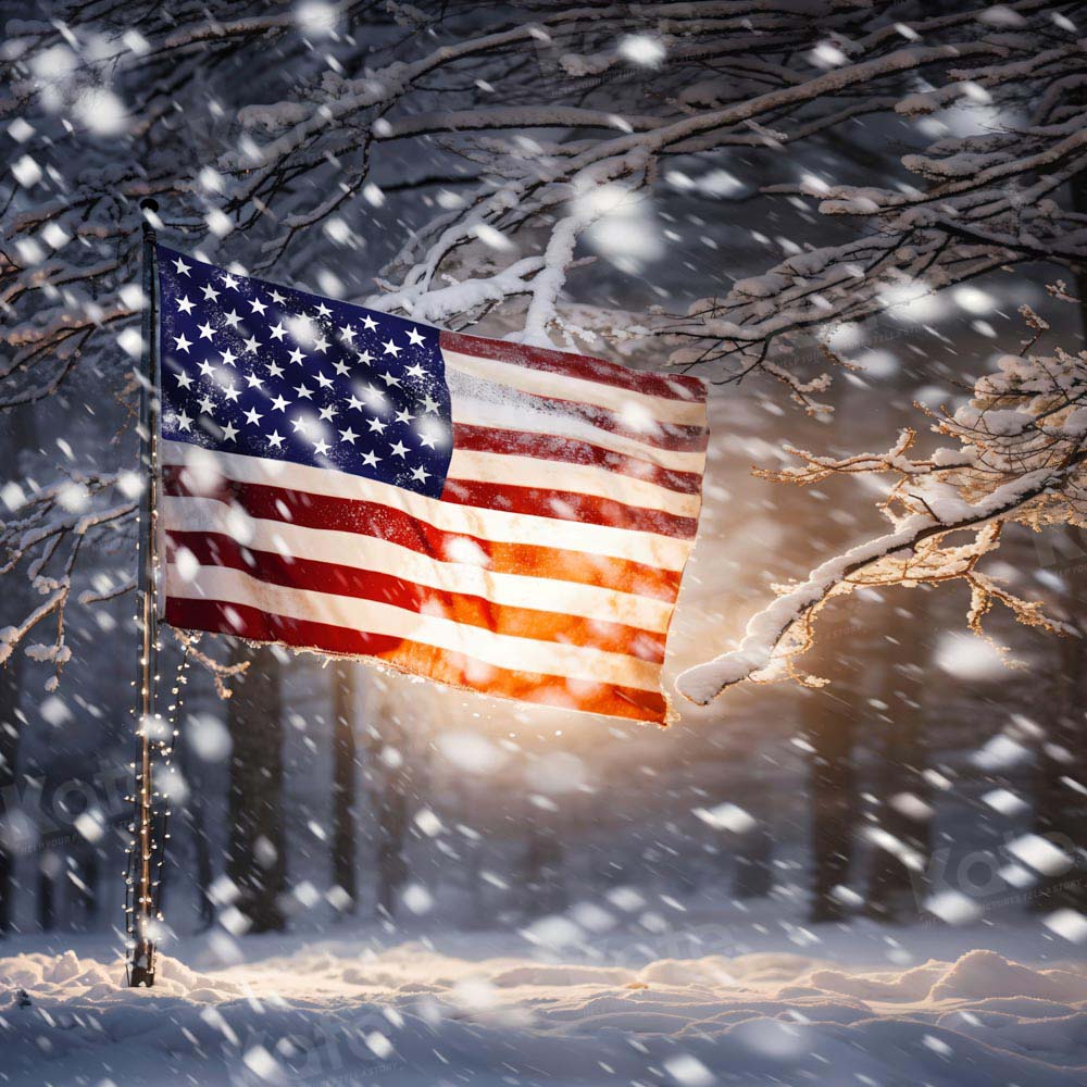 Kate Winter America Flag in Snow Backdrop Designed by Chain Photography