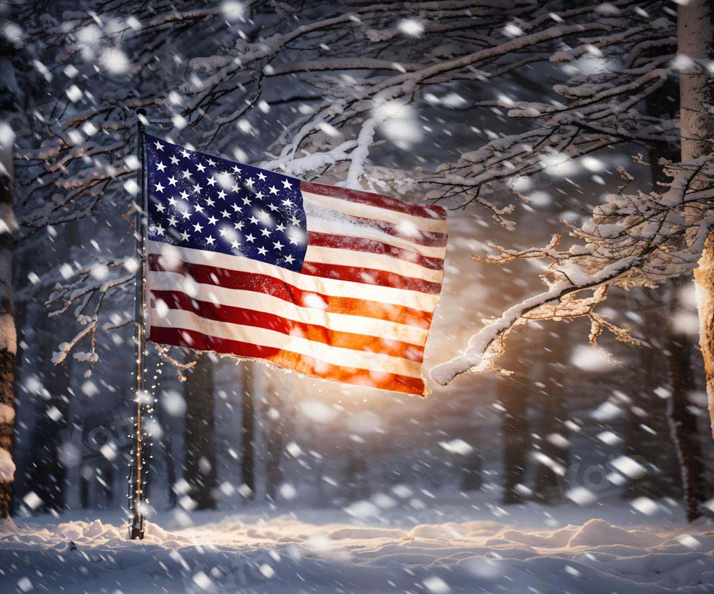 Kate Winter America Flag in Snow Backdrop Designed by Chain Photography