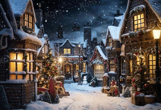 Kate Christmas Snowy Street in Night Printed Backdrop Designed by Emetselch