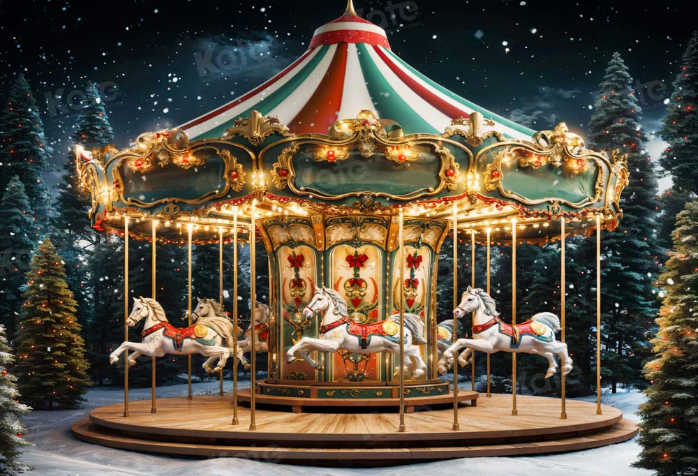 Vintage Christmas Carousel Night Backdrop