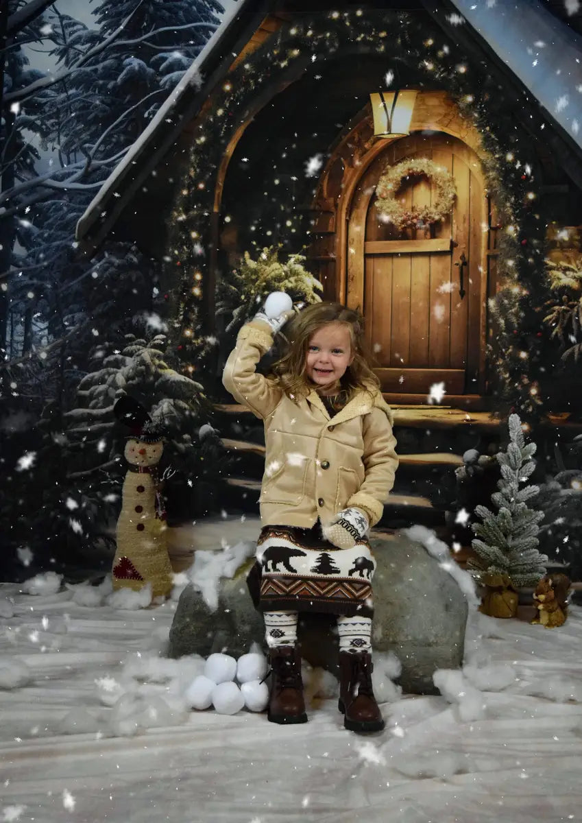 Kate Christmas Wooden House with Snow Backdrop Designed by Chain Photography