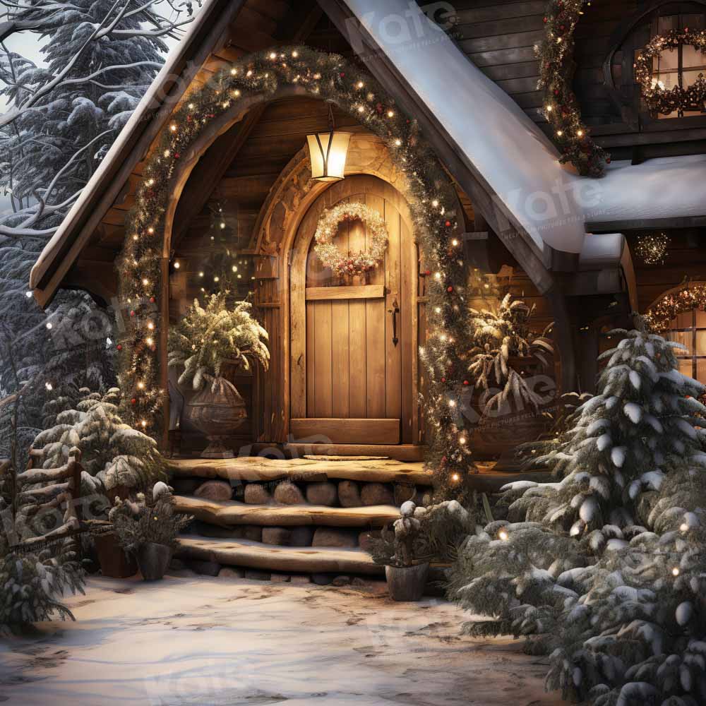 Kate Christmas Wooden House with Snow Backdrop Designed by Chain Photography