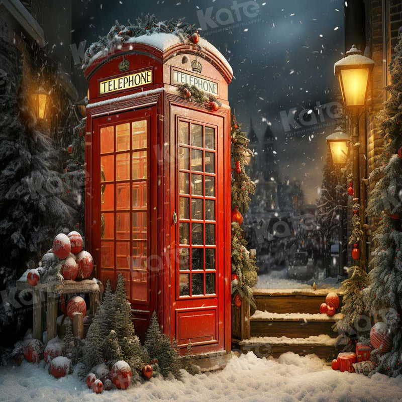 Vintage Red Telephone Snowy Night Backdrop