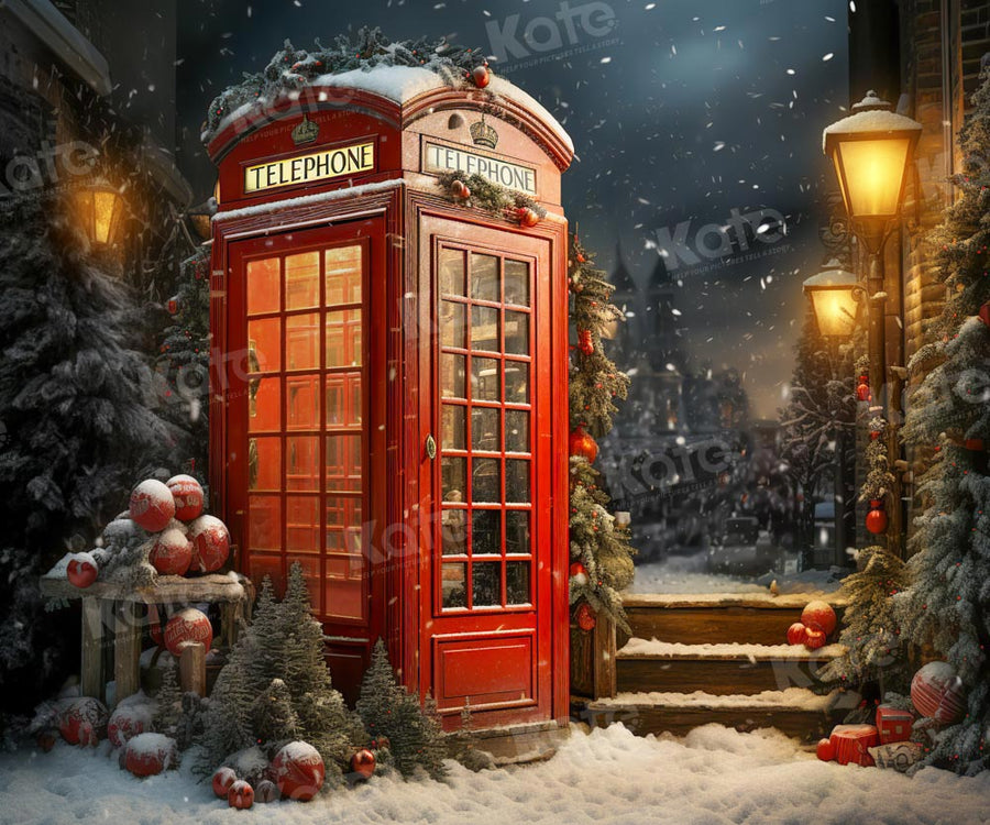 Vintage Red Telephone Snowy Night Backdrop