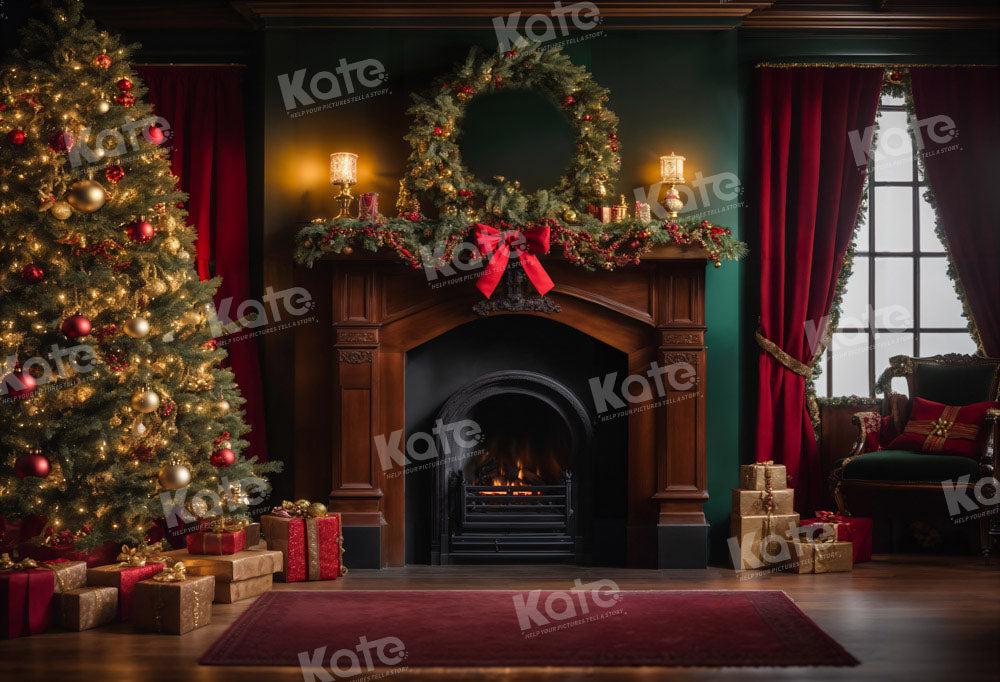 Kate Christmas Red Victorian Room Fireplace Backdrop for Photography