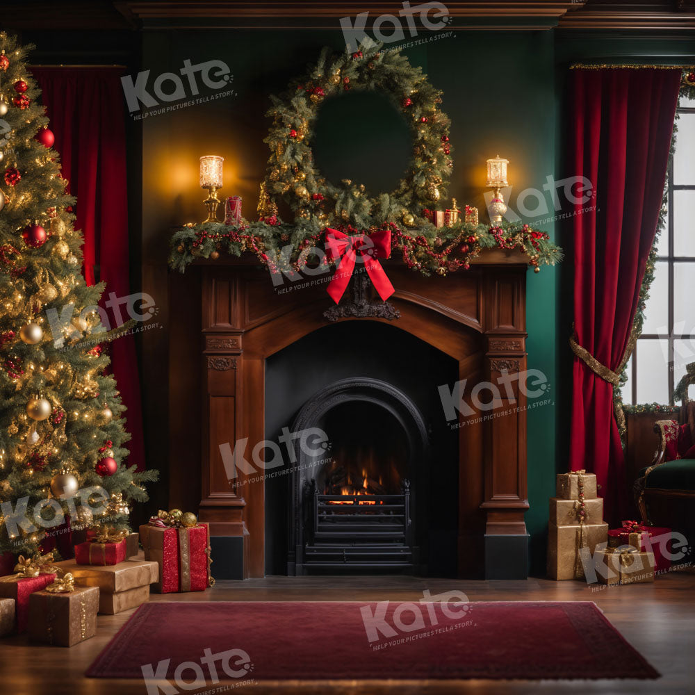 Kate Christmas Red Victorian Room Fireplace Backdrop for Photography