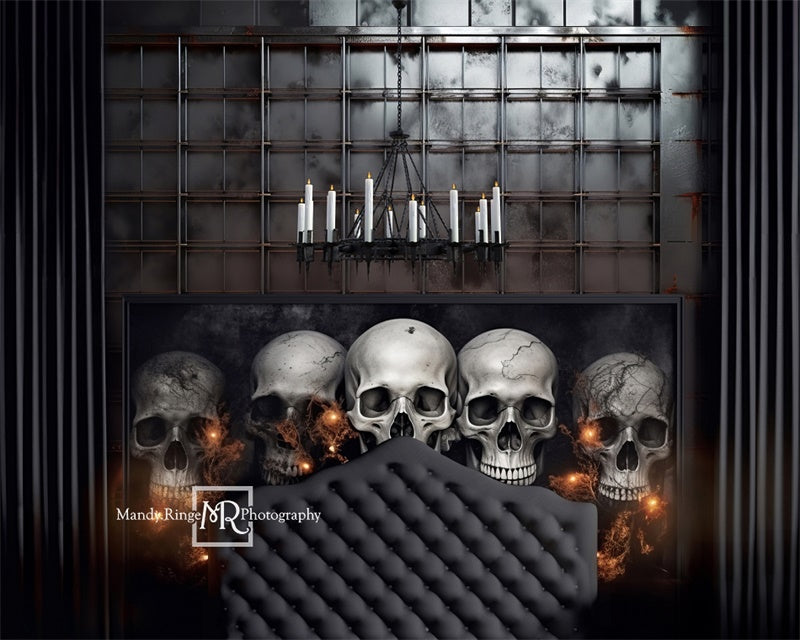 Kate Halloween Gothic Skull Tufted Headboard Backdrop Designed by Mandy Ringe Photography