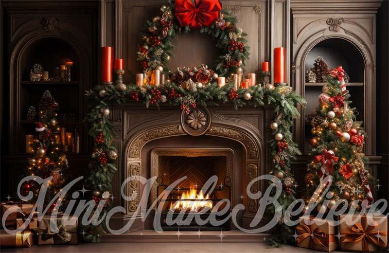 Kate Luxury Beige Winter Christmas Fireplace with Trees and Wreath Backdrop Designed by Mini MakeBelieve