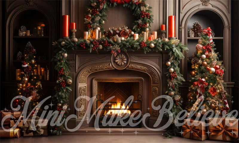 Kate Luxury Beige Winter Christmas Fireplace with Trees and Wreath Backdrop Designed by Mini MakeBelieve
