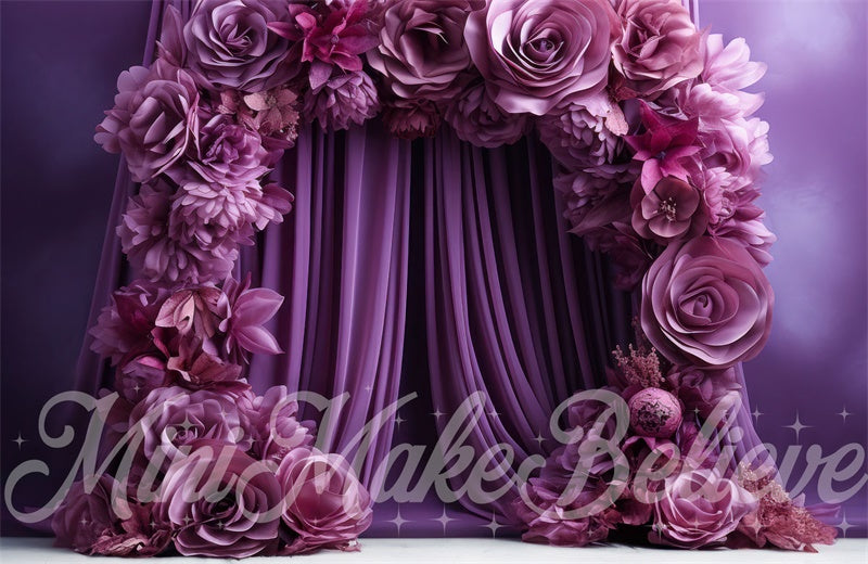 Kate Valentine‘s Day Purple Flowers Arch and Curtains Backdrop Designed by Mini MakeBelieve
