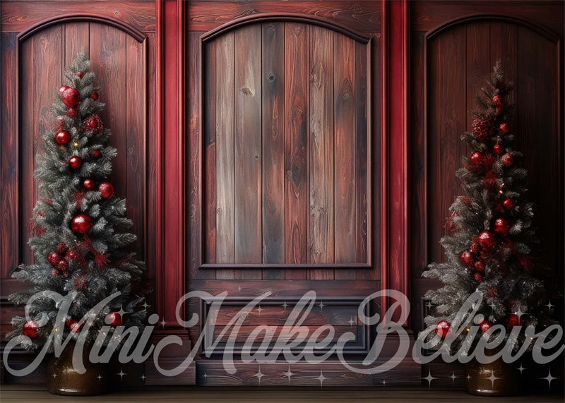 Kate Winter Christmas Red Wood Wall and Trees Backdrop Designed by Mini MakeBelieve