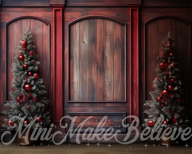 Kate Winter Christmas Red Wood Wall and Trees Backdrop Designed by Mini MakeBelieve