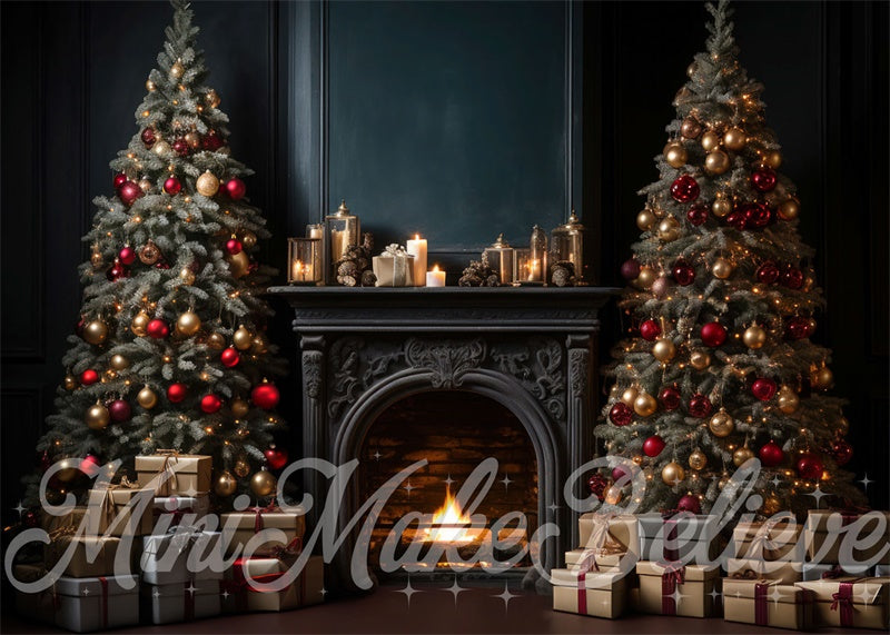 Kate Luxury Navy Winter Christmas Fireplace with Trees Backdrop Designed by Mini MakeBelieve
