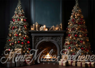 Kate Luxury Navy Winter Christmas Fireplace with Trees Printed Backdrop Designed by Mini MakeBelieve
