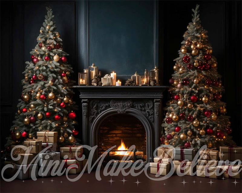Kate Luxury Navy Winter Christmas Fireplace with Trees Backdrop Designed by Mini MakeBelieve