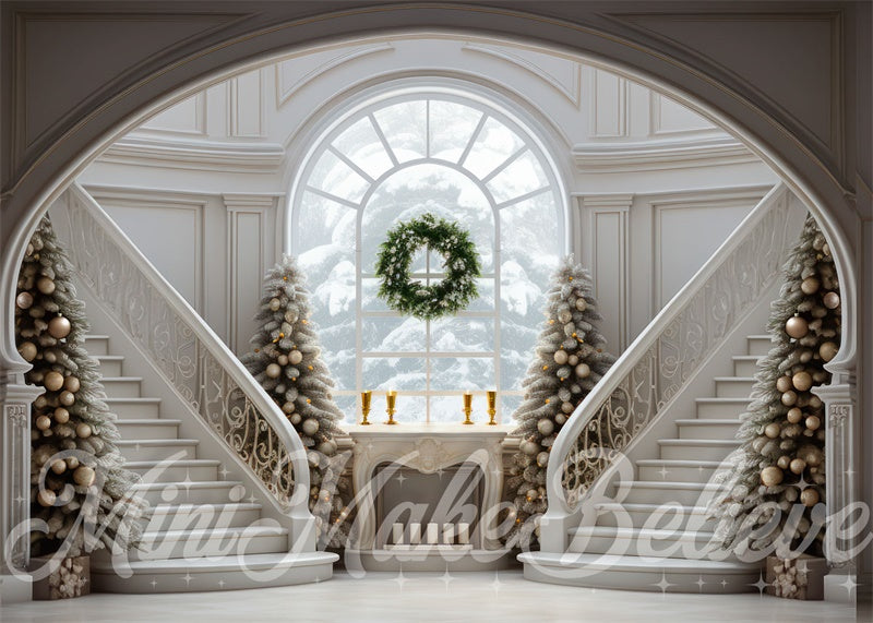 Kate Winter Christmas Grand Staircase with Trees Backdrop Designed by Mini MakeBelieve