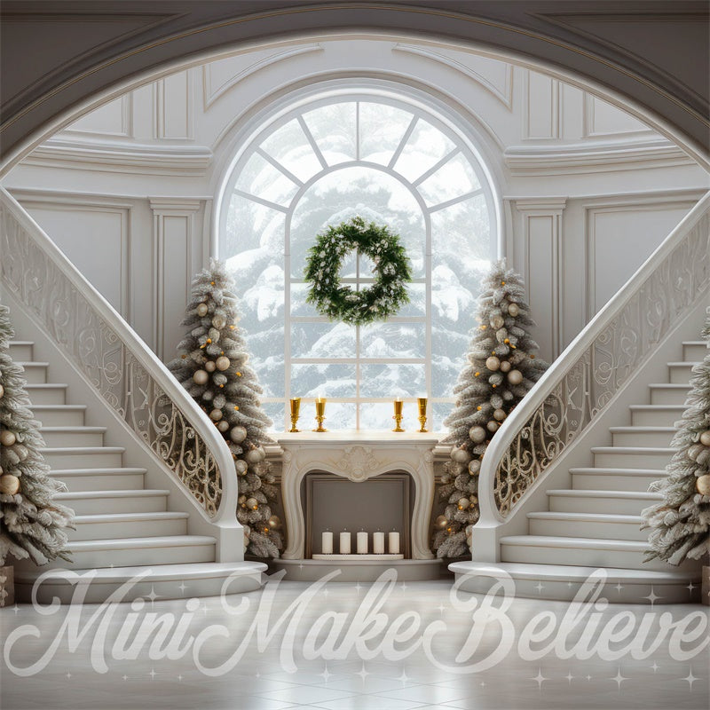 Kate Winter Christmas Grand Staircase with Trees Backdrop Designed by Mini MakeBelieve