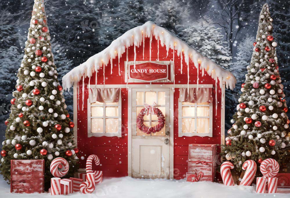 Kate Christmas Red Candy House in Night Backdrop Designed by Chain Photography
