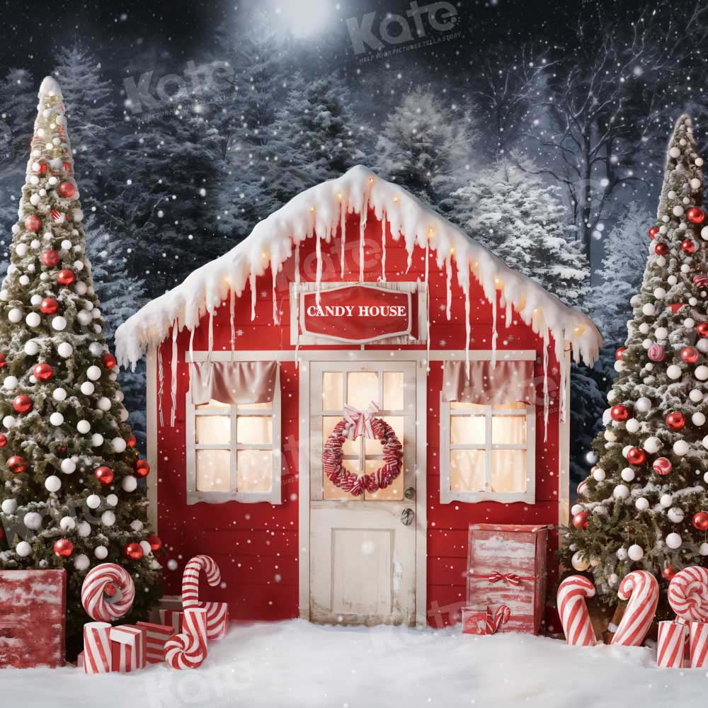 Kate Christmas Red Candy House in Night Backdrop Designed by Chain Photography