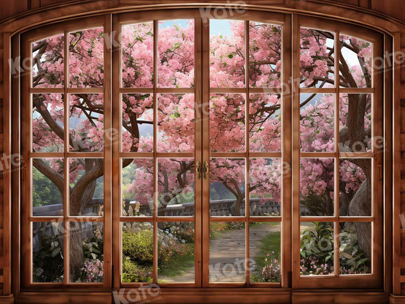 Spring Blossom Garden Window View Backdrop