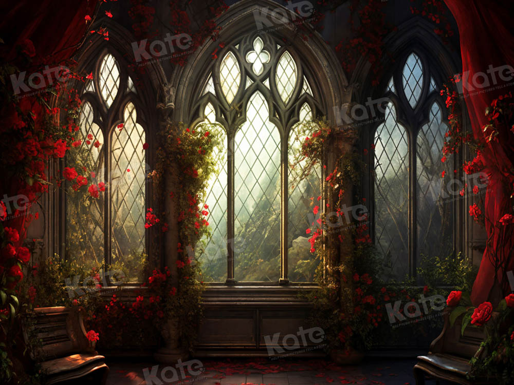 Kate Valentine's Day Red Rose Church Window Backdrop for Photography