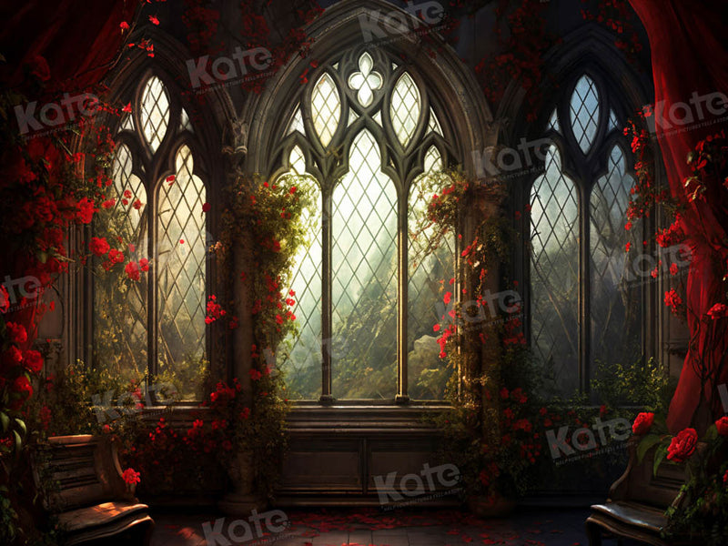 Kate Valentine's Day Red Rose Church Window Backdrop for Photography
