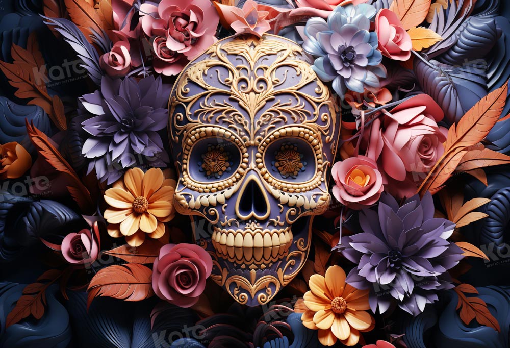 Kate Halloween Colorful Flower Skull Backdrop Designed by Chain Photography