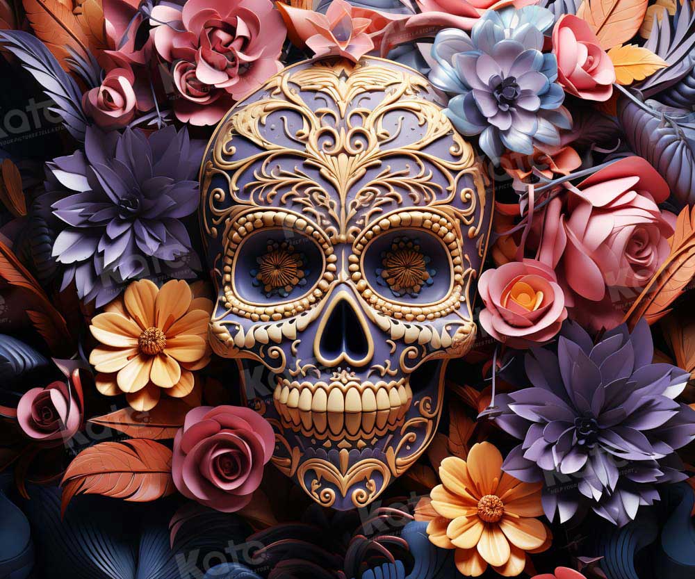 Kate Halloween Colorful Flower Skull Backdrop Designed by Chain Photography