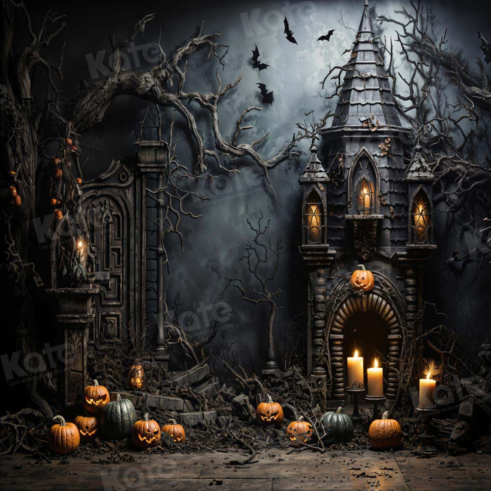 Kate Halloween Dark Bat Candle Pumpkin Castle Backdrop Designed by Chain Photography