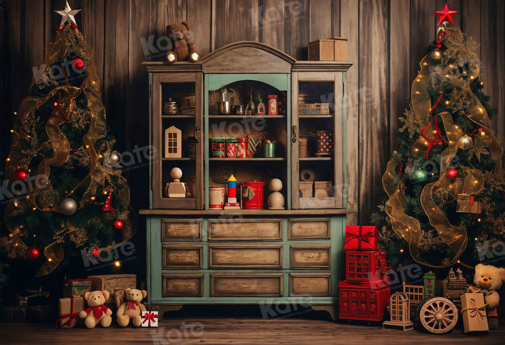 Kate Christmas Tree Bear Bookshelf Backdrop for Photography