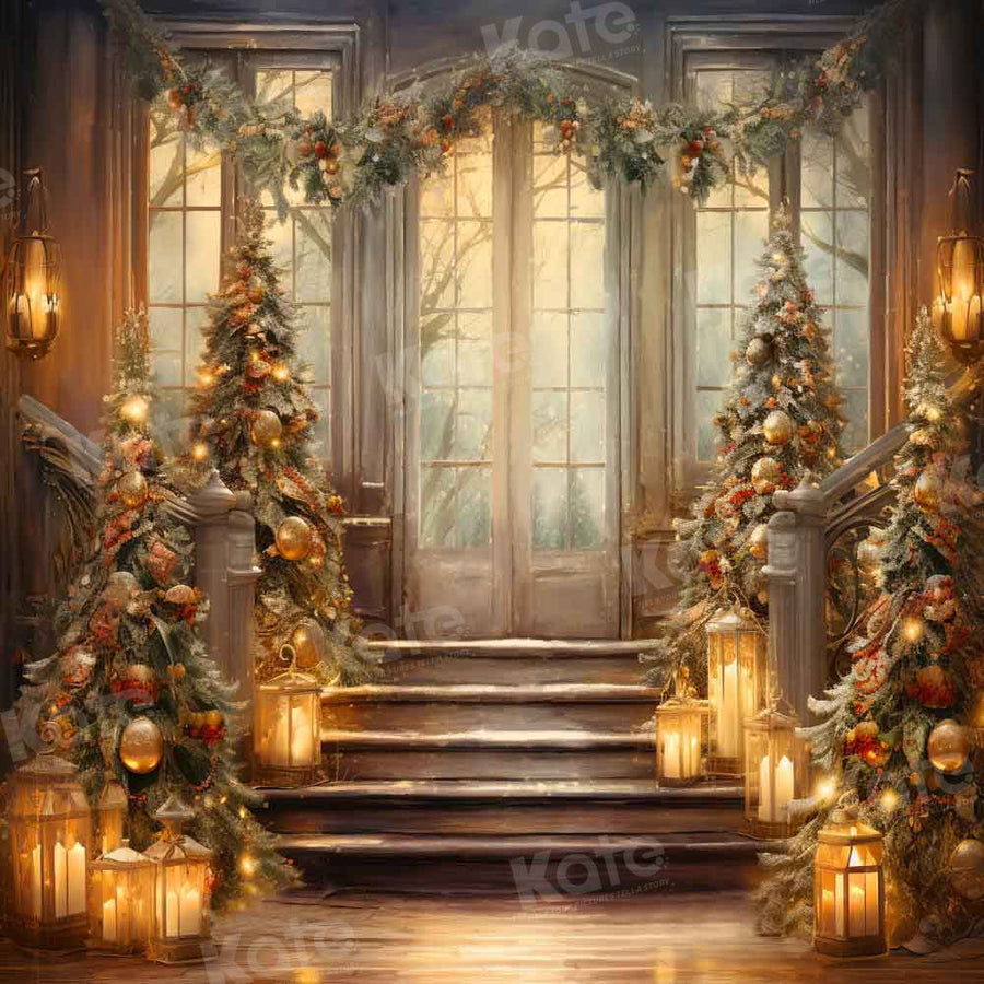 Aperturee Castle Christmas Stairway Square Tension Backdrop