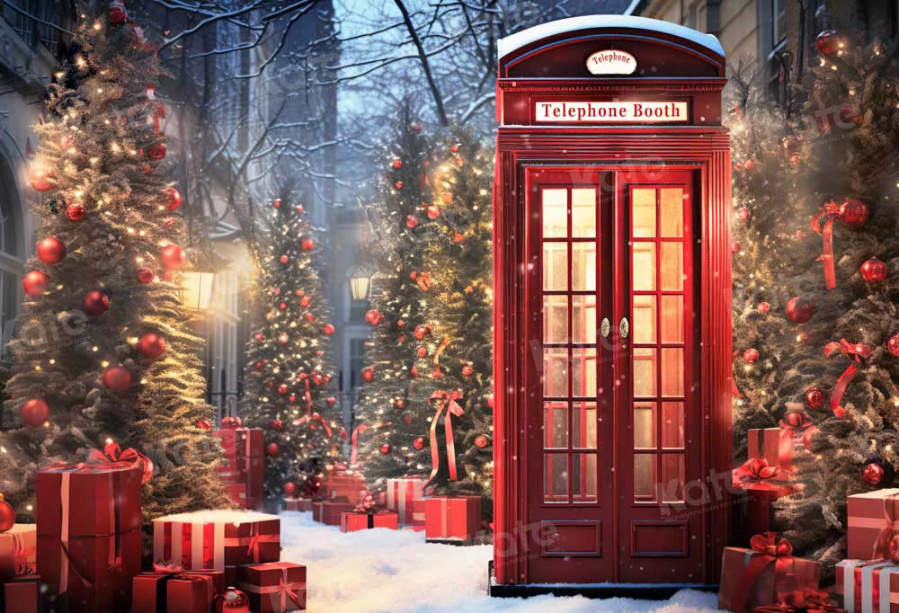 Kate Christmas Red Phone Booth Snow Backdrop Designed by Emetselch